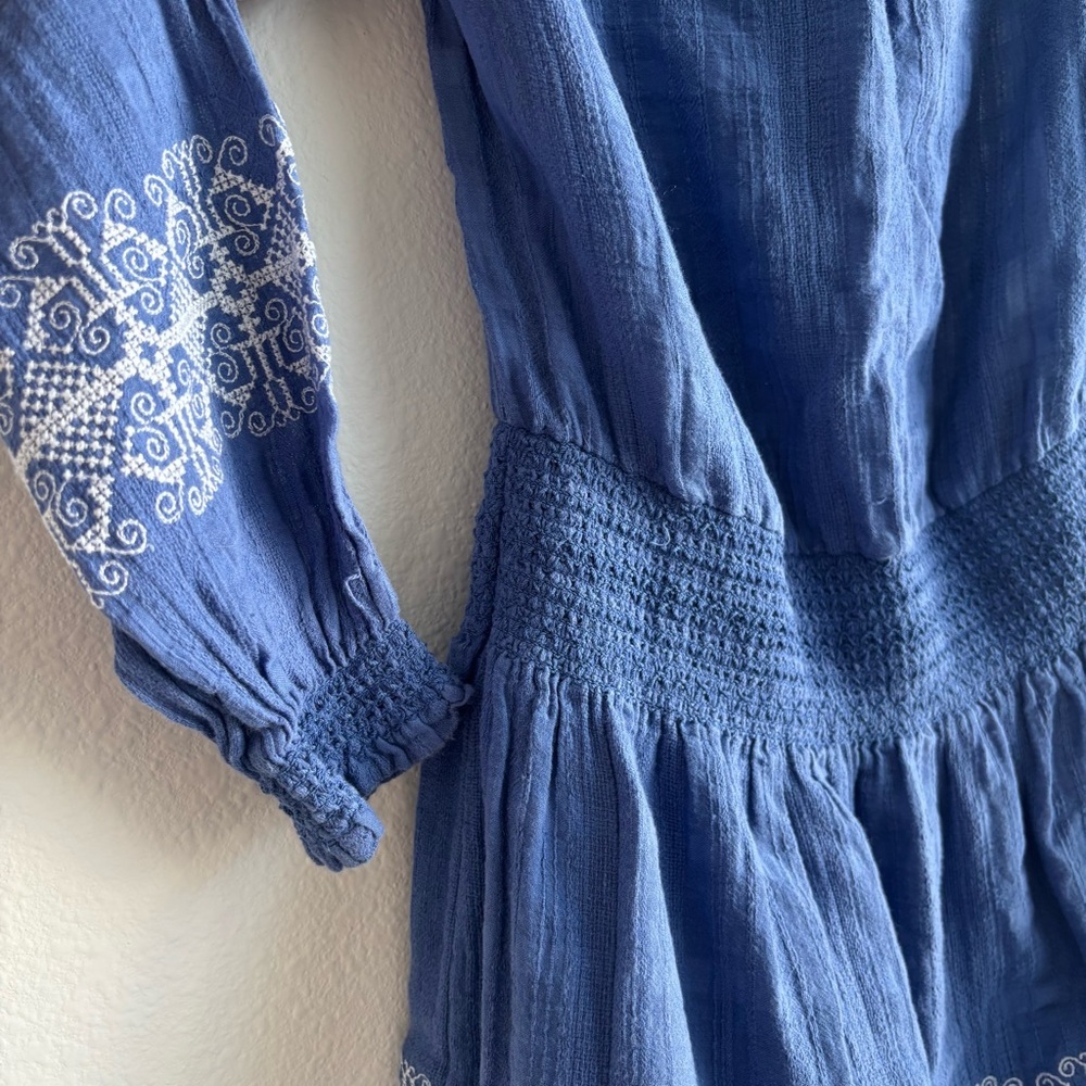 Tory Burch Loretta Blue and White Off the Shoulder Embroidered Gauze Mini Dress - Picture 7 of 10